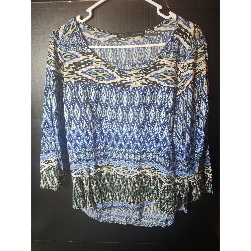 ZARA Womens Size Medium High Low Geometric Print 3/4 Sleeve Blouse C5